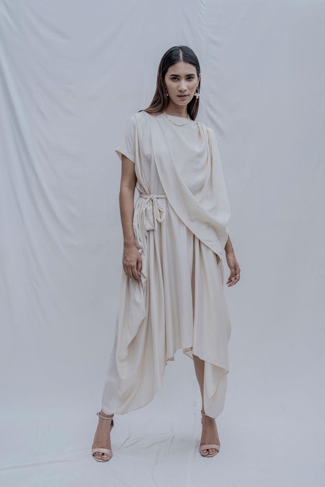 Jess- Off White Overlap Asymmetric Draped Dress