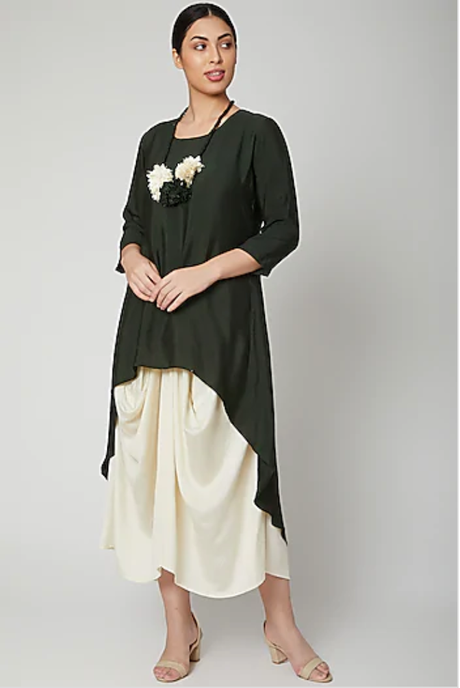 Dream- Bottle Green & off white Indo Western Cowl Dress – Bohame