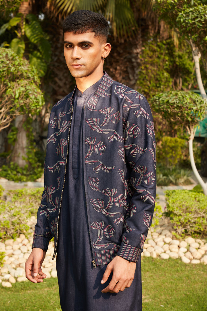Nur- Navy Blue Abstract Embroidered Bomber Jacket with Kurta Set