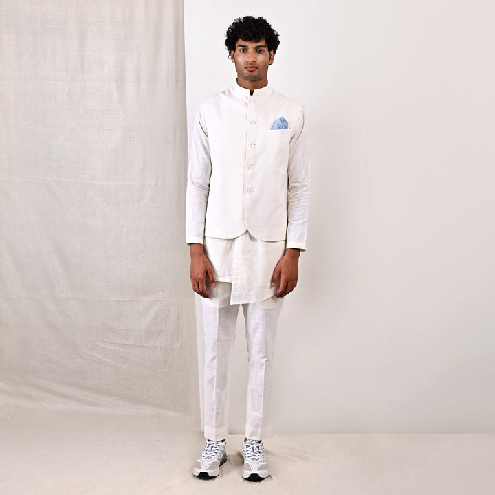 LAYNE - OFF WHITE NEHRU JACKET WITH ASYMMETRICAL OVERLAPPED KURTA SET