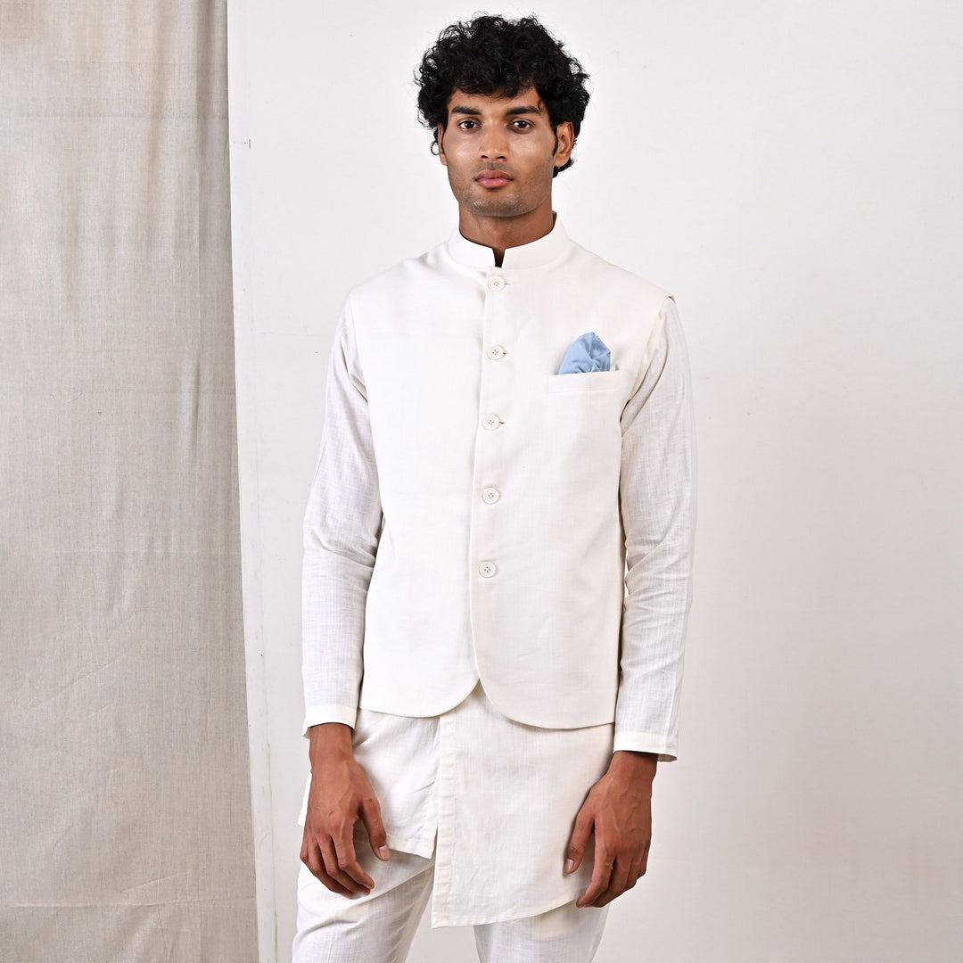 LAYNE - OFF WHITE NEHRU JACKET WITH ASYMMETRICAL OVERLAPPED KURTA SET - Bohame