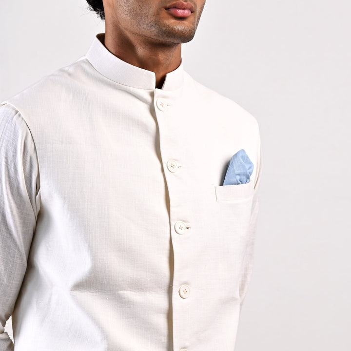 LAYNE - OFF WHITE NEHRU JACKET WITH ASYMMETRICAL OVERLAPPED KURTA SET - Bohame