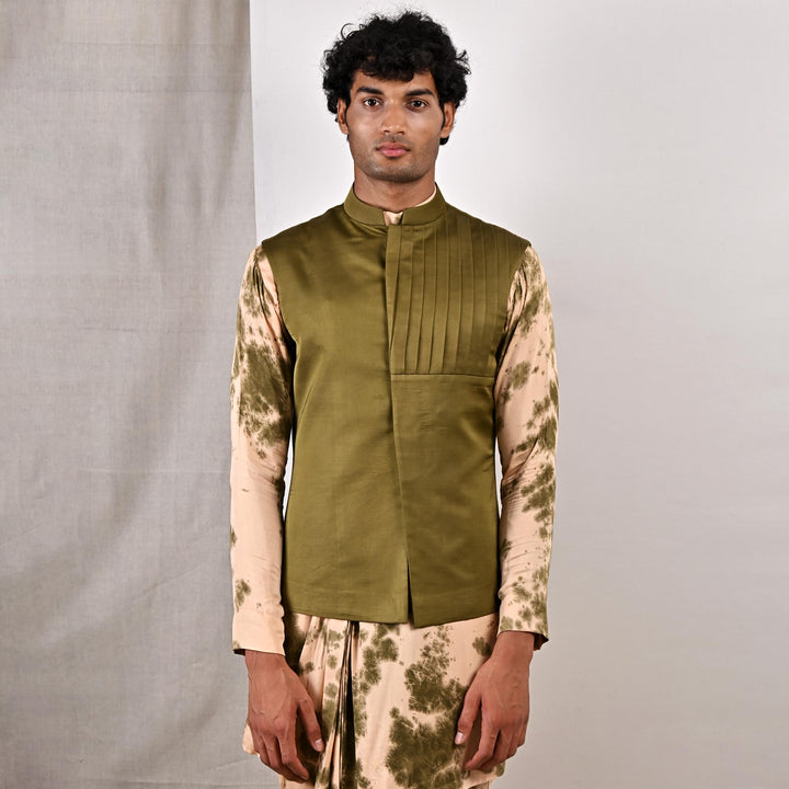 Trevor - Green Asymmetrical Pleated Jacket with Tie & Dye Pleated Kurta Set