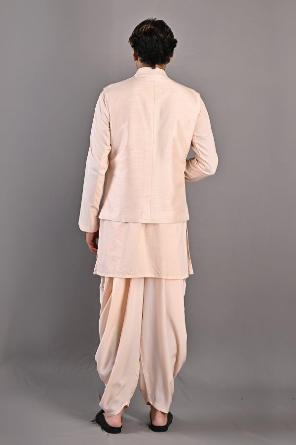 Cresento - Peach Abstract Embroidered Nehru Jacket With Kurta Set