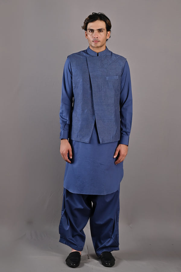 Garance - Blue Abstract Embroidered Nehru Jacket with Kurta Set