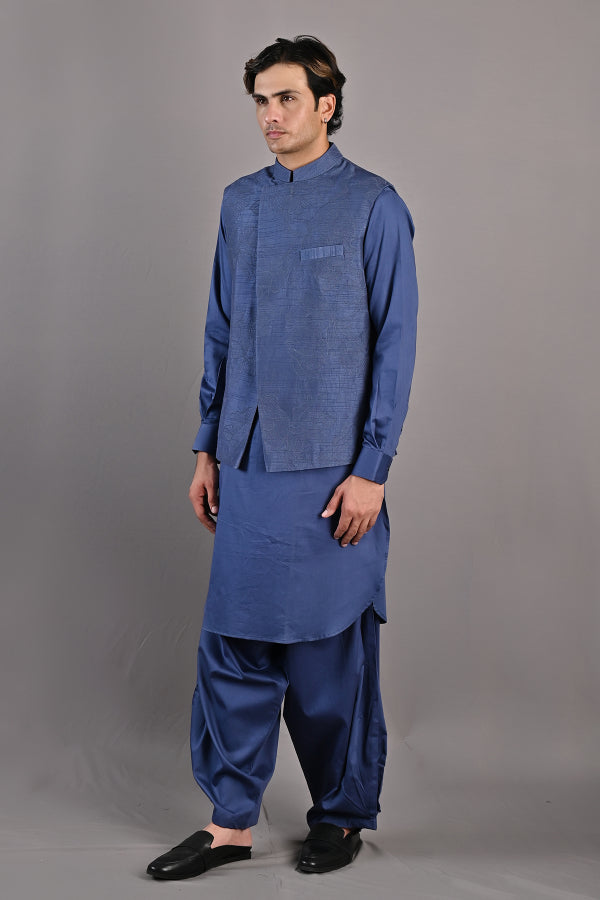Garance - Blue Abstract Embroidered Nehru Jacket with Kurta Set