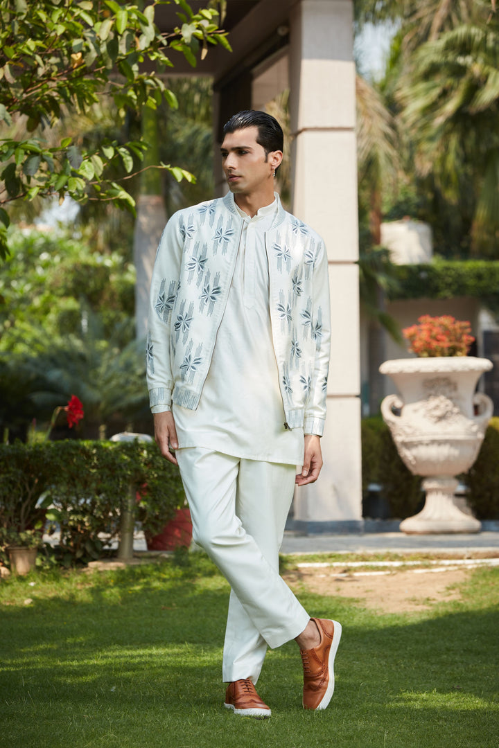 Zaire- Off White Abstract Embroidered Bomber Jacket With Kurta Set