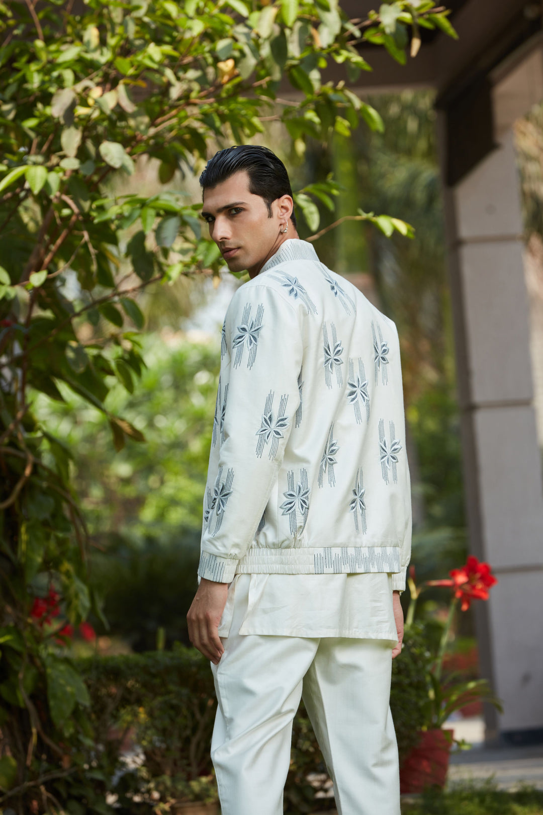 Zaire- Off White Abstract Embroidered Bomber Jacket With Kurta Set