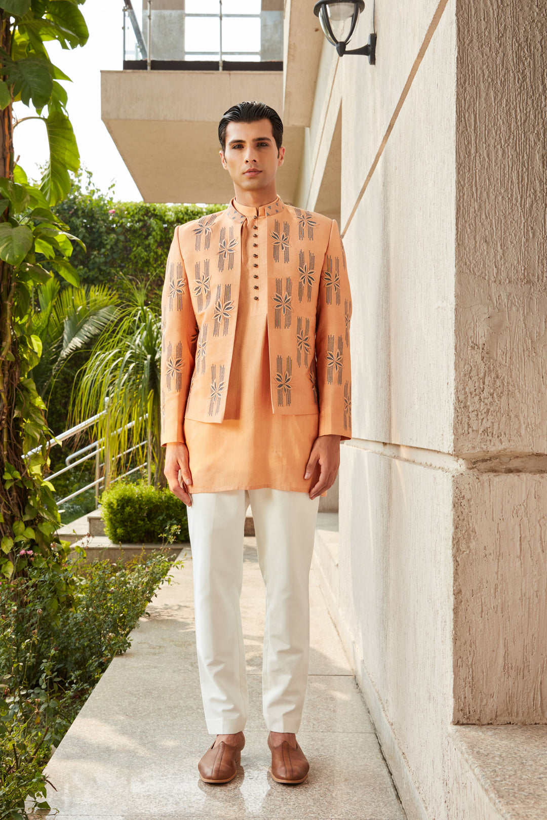 Rohaan- Rose Gold Abstract Embroidered Open Jacket with Off White Kurta Set