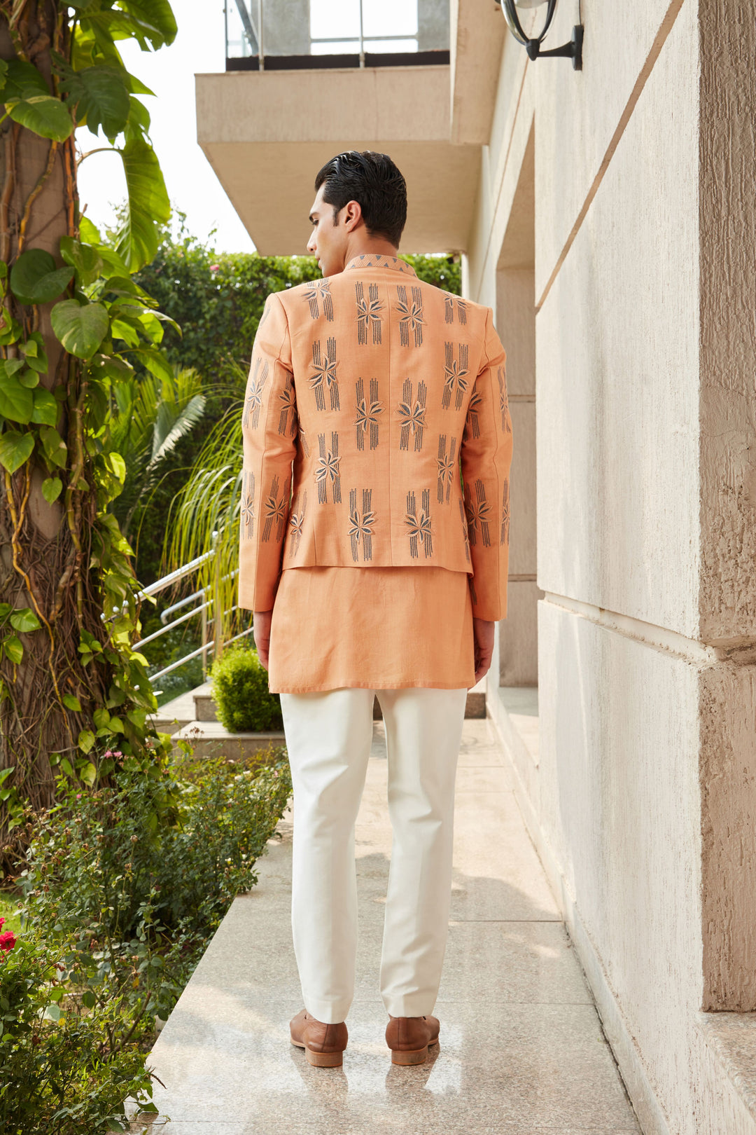 Rohaan- Rose Gold Abstract Embroidered Open Jacket with Off White Kurta Set