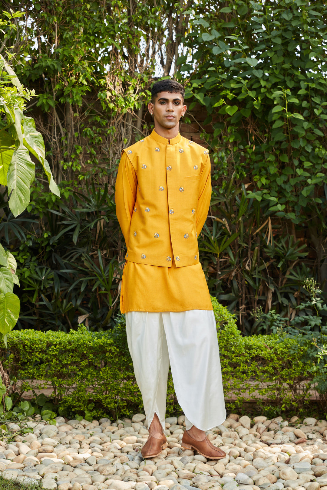 Numair- Mustard Abstract Embroidered Nehru Jacket with Kurta and Off White Tulip Pants Set