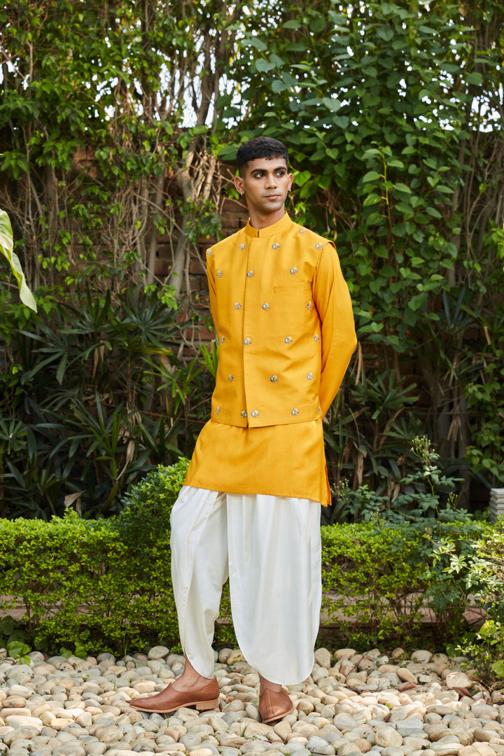 Numair- Mustard Abstract Embroidered Nehru Jacket with Kurta and Off White Tulip Pants Set