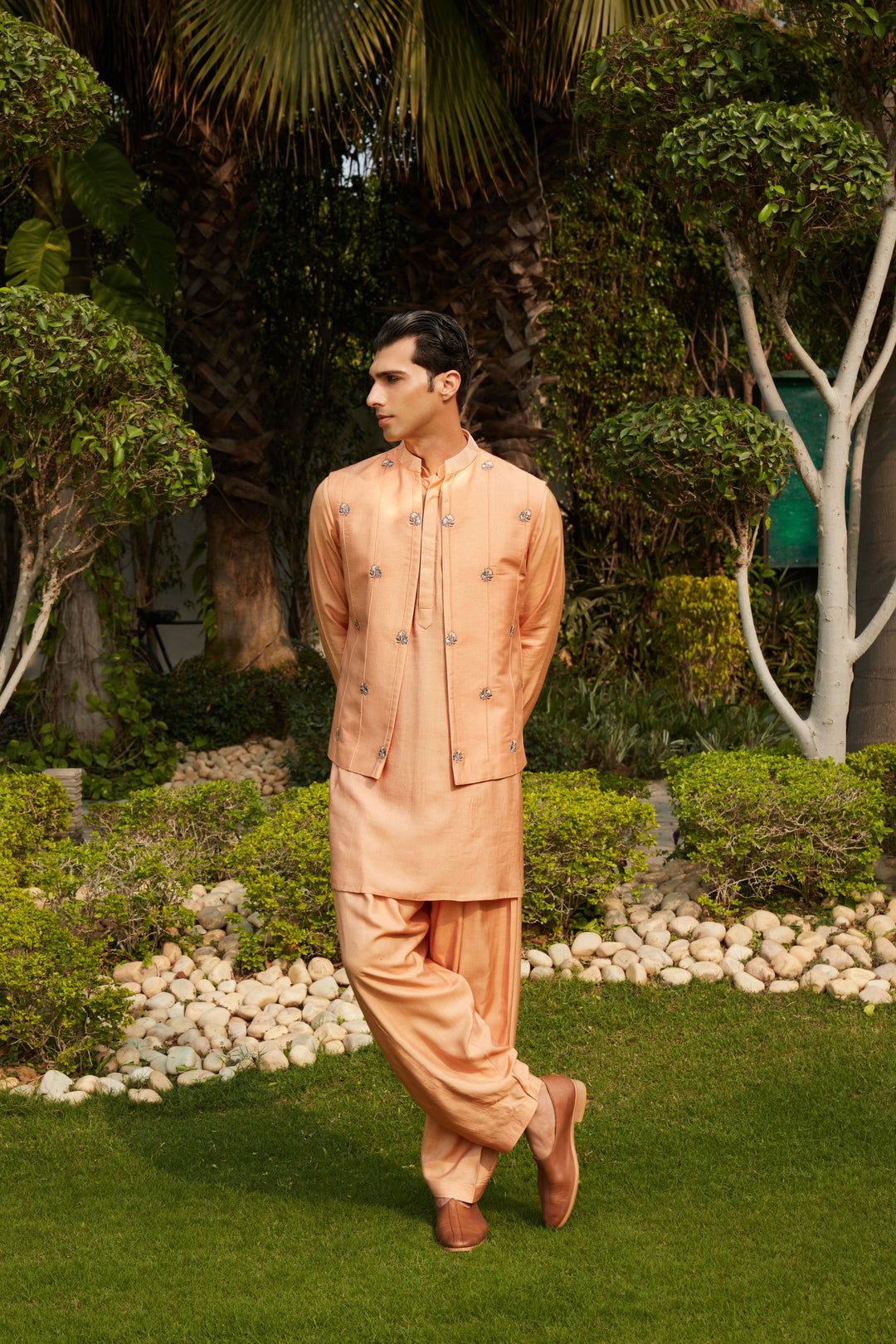 Adeem- Rose Gold Abstract Embroidered Nehru Jacket with Kurta & Salwar Set