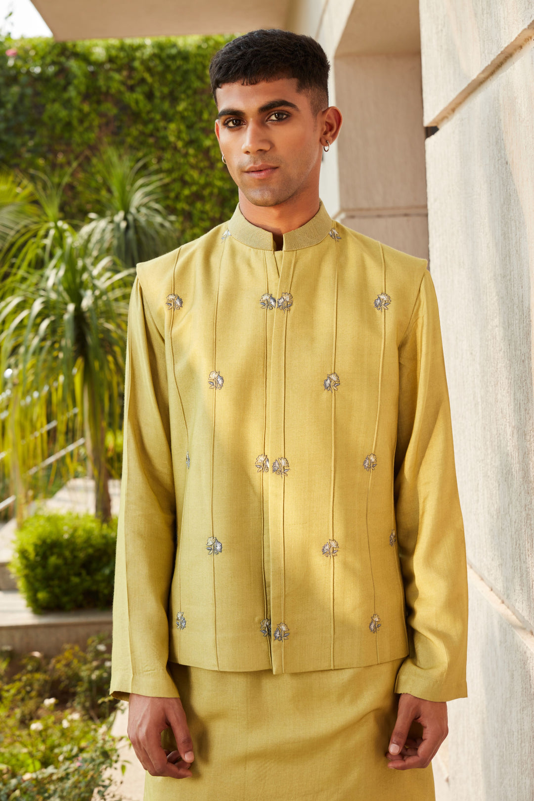 Emir- Sage Green Embroidered Nehru Jacket with Kurta and Off White Tulip Pants Set