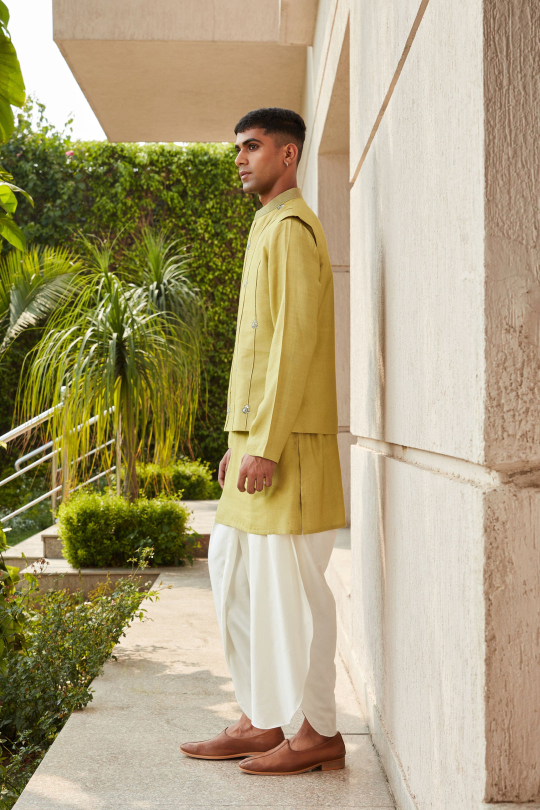 Emir- Sage Green Embroidered Nehru Jacket with Kurta and Off White Tulip Pants Set
