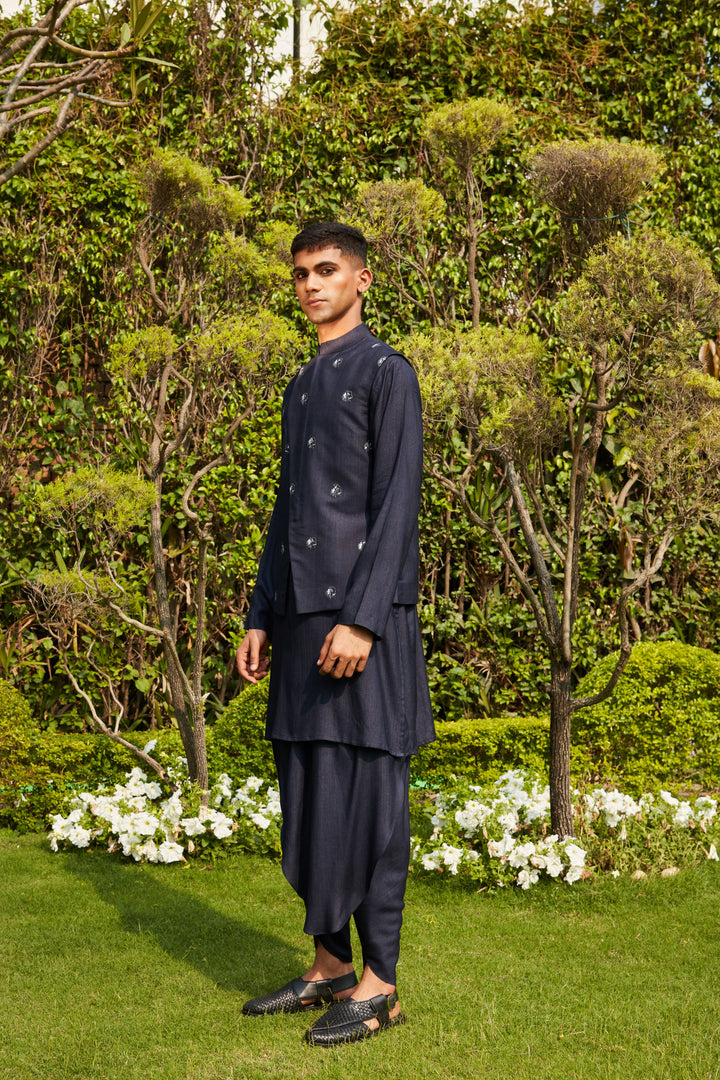 Rahim- Navy Blue Abstract Embroidered Nehru Jacket with Kurta and Tulip Pants Set