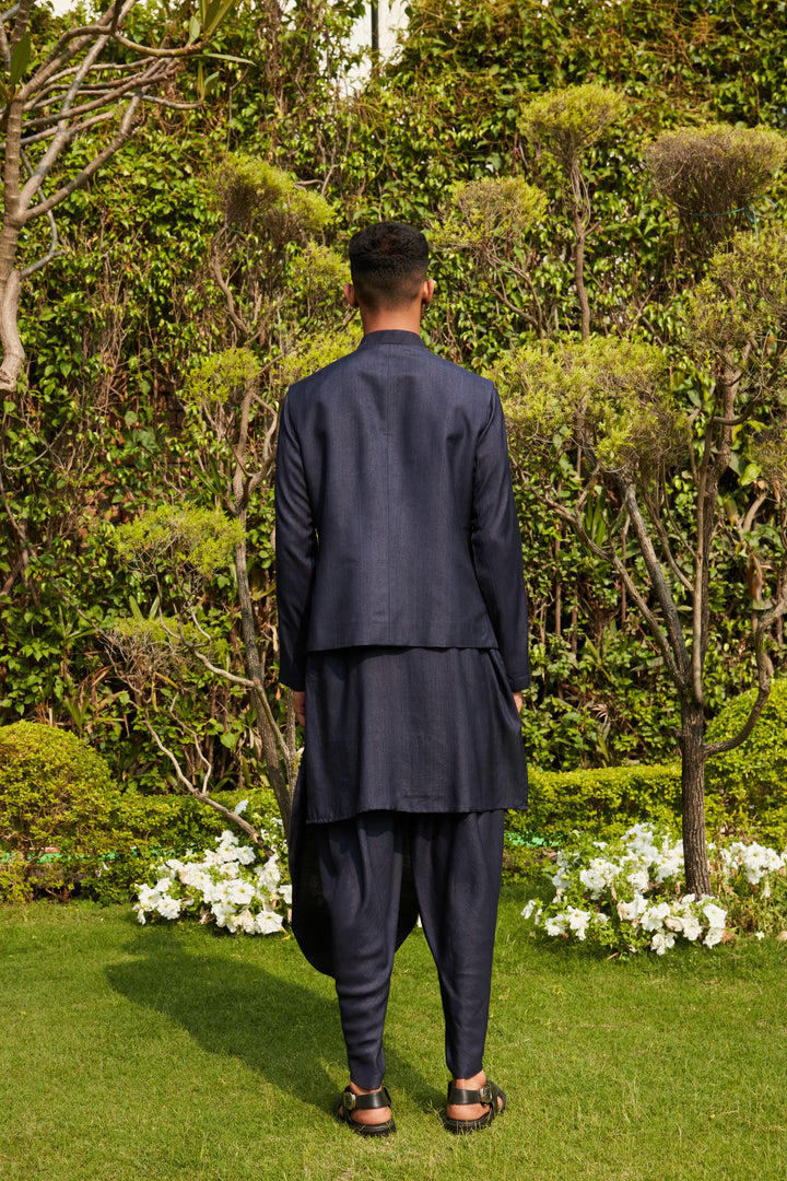 Rahim- Navy Blue Abstract Embroidered Nehru Jacket with Kurta and Tulip Pants Set