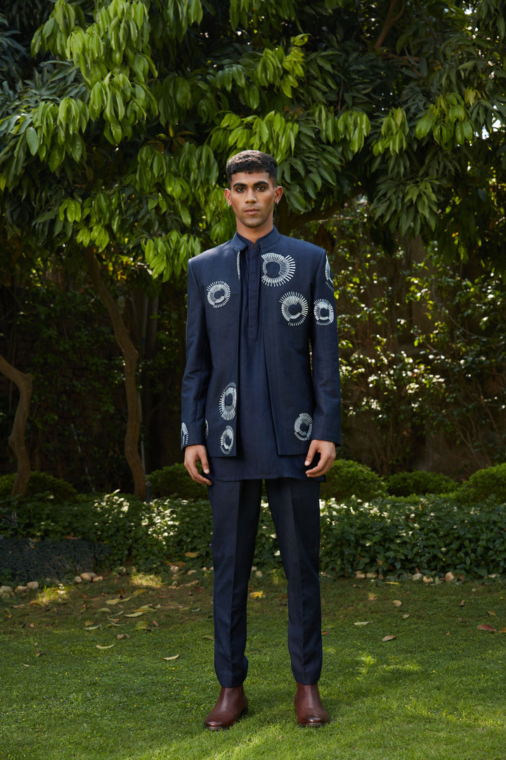 Ayman- Navy Blue Abstract Embroidered Open Jacket with Kurta Set