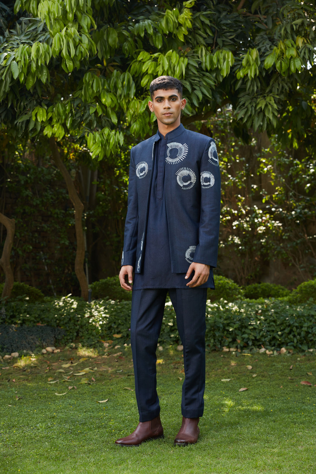 Ayman- Navy Blue Abstract Embroidered Open Jacket with Kurta Set