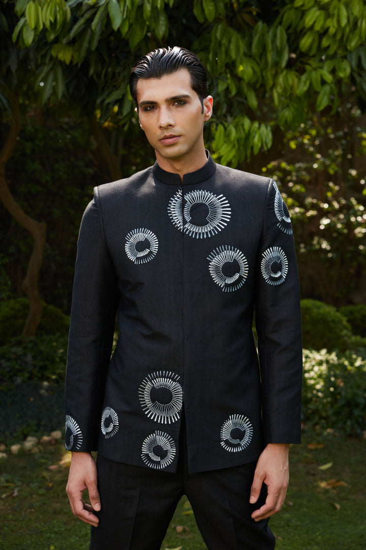 Cairo- Black Abstract Embroidered Bandhgala Open Jacket Set with Pants & Collarless Shirt