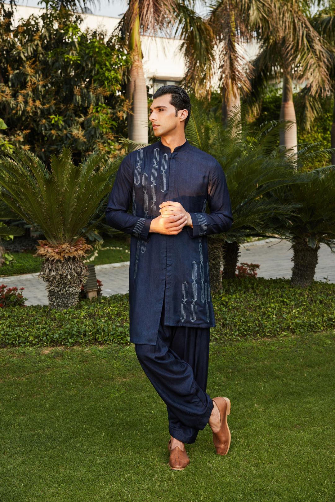 Amin- Navy Blue Abstract Embroidered Open Kurta with Salwar Set