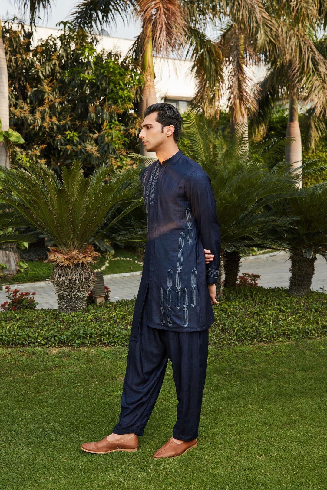 Amin- Navy Blue Abstract Embroidered Open Kurta with Salwar Set