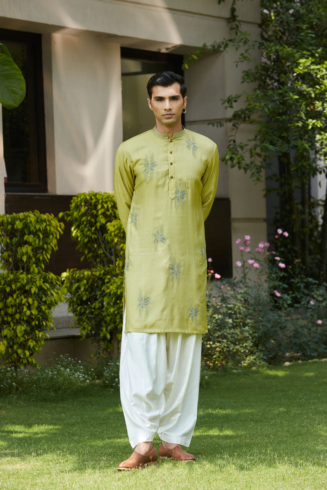 Rayyan- Sage Green Abstract Embroidery Kurta with Off White Salwar Set