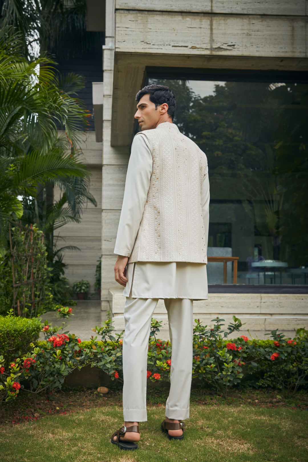 Iresh- Ivory Chikankari Nehru Jacket Set