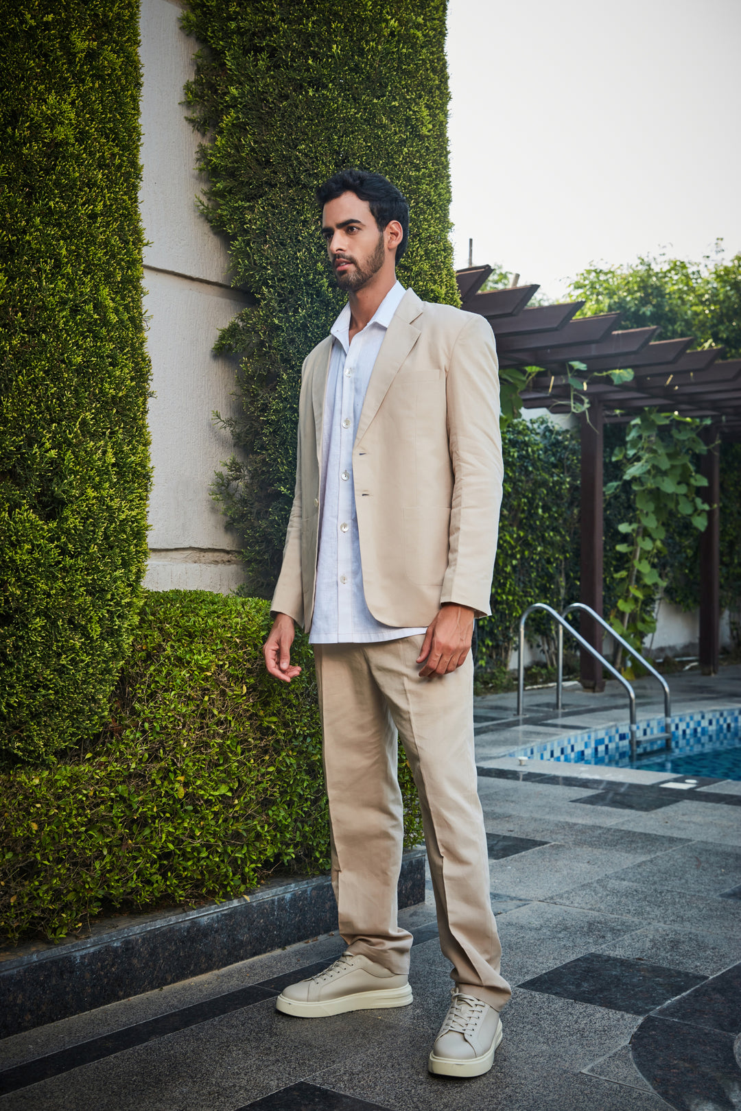 Glen- Beige Linen Jacket Set - Bohame