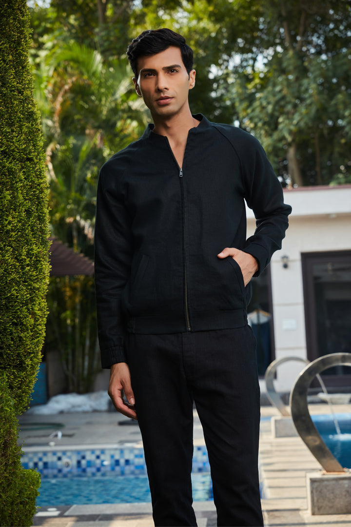 Nevil- Black Linen Bomber Jacket Set - Bohame