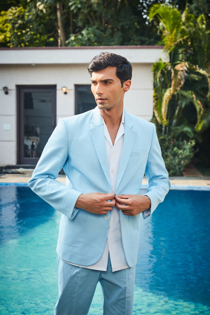 Tristan- Blue Linen Jacket Set - Bohame