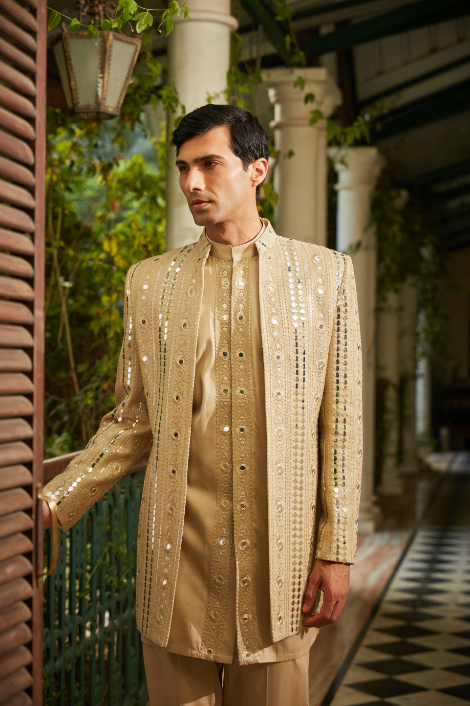 Calvin Embroidered Indowestern Bandgala in Beige Gold