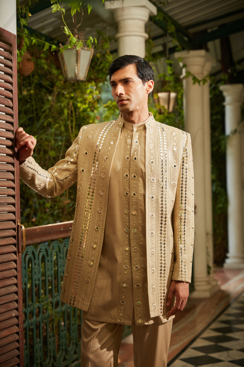 Calvin Embroidered Indowestern Bandgala in Beige Gold