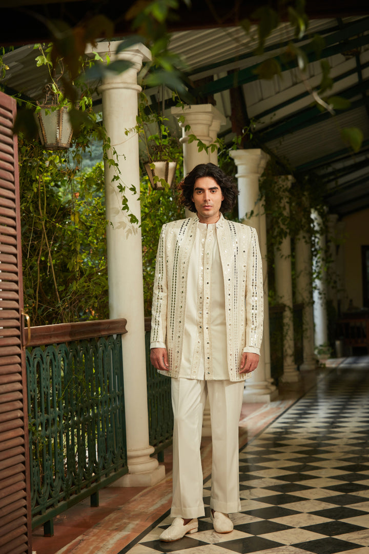 Leono - Embroidered Indowestern set in Milky White