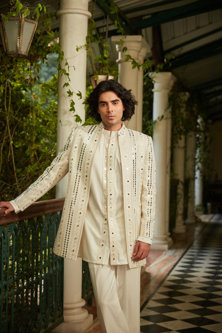 Leono - Embroidered Indowestern set in Milky White