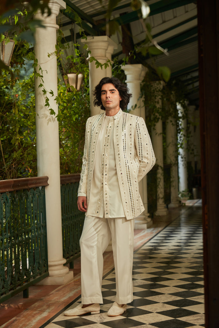 Leono - Embroidered Indowestern set in Milky White