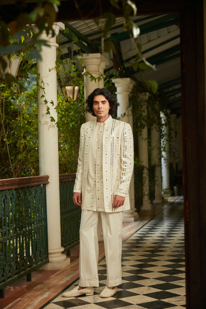 Leono - Embroidered Indowestern set in Milky White