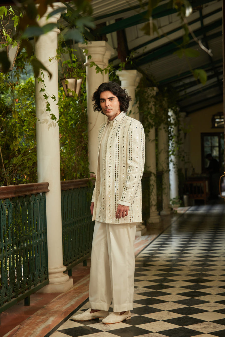 Leono - Embroidered Indowestern set in Milky White