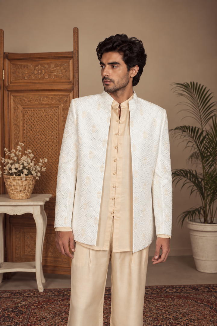 Kora Indo Western Jacket Set in Ivory