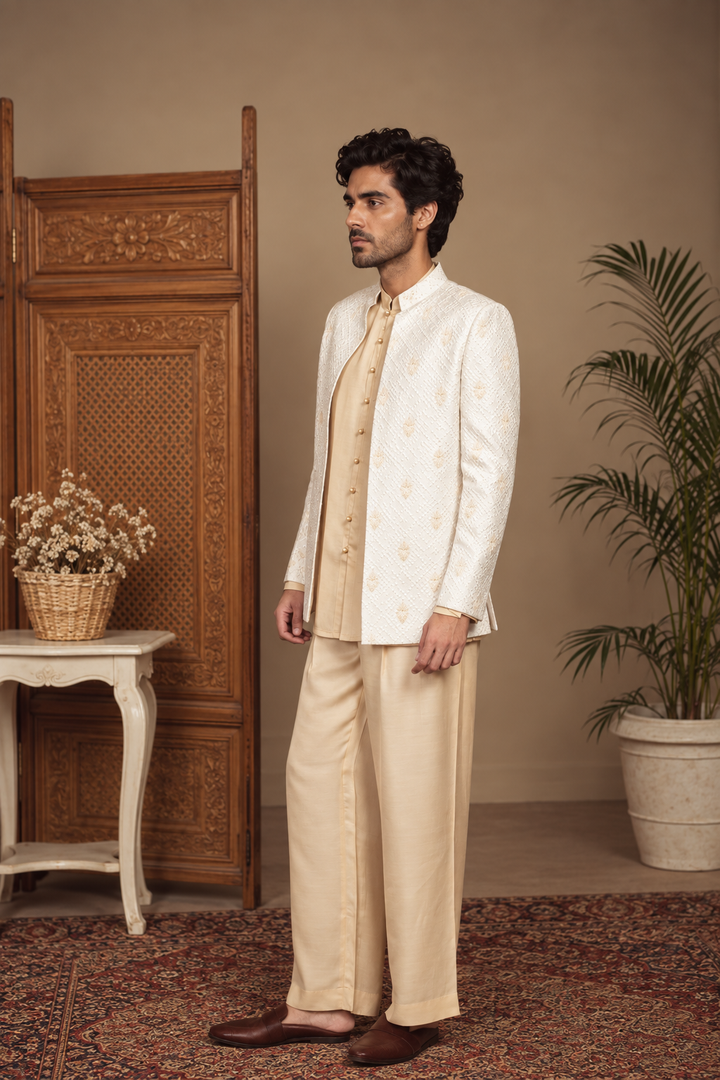 Kora Indo Western Jacket Set in Ivory