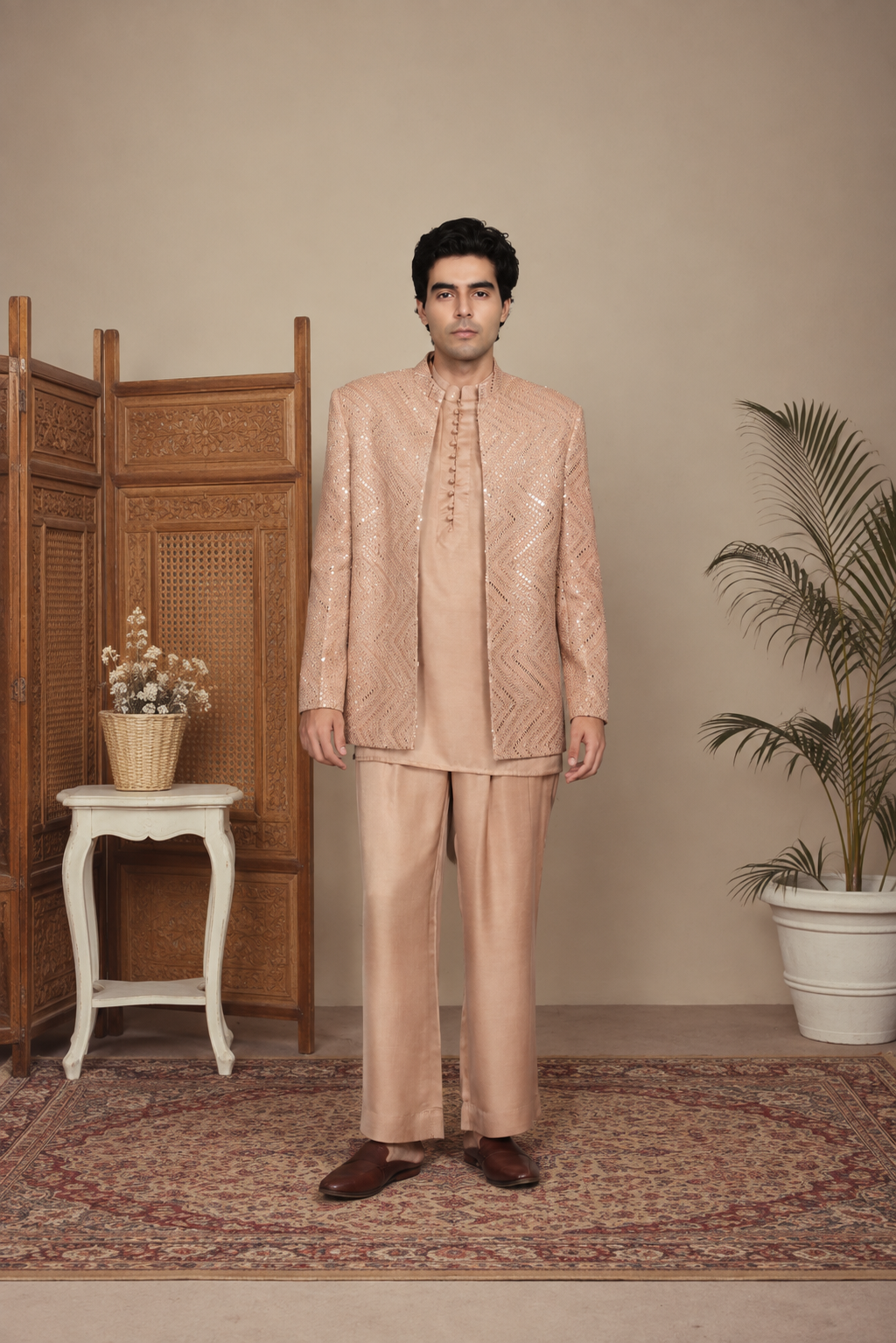 Udaan Indo Western Jacket Set in Rose Gold
