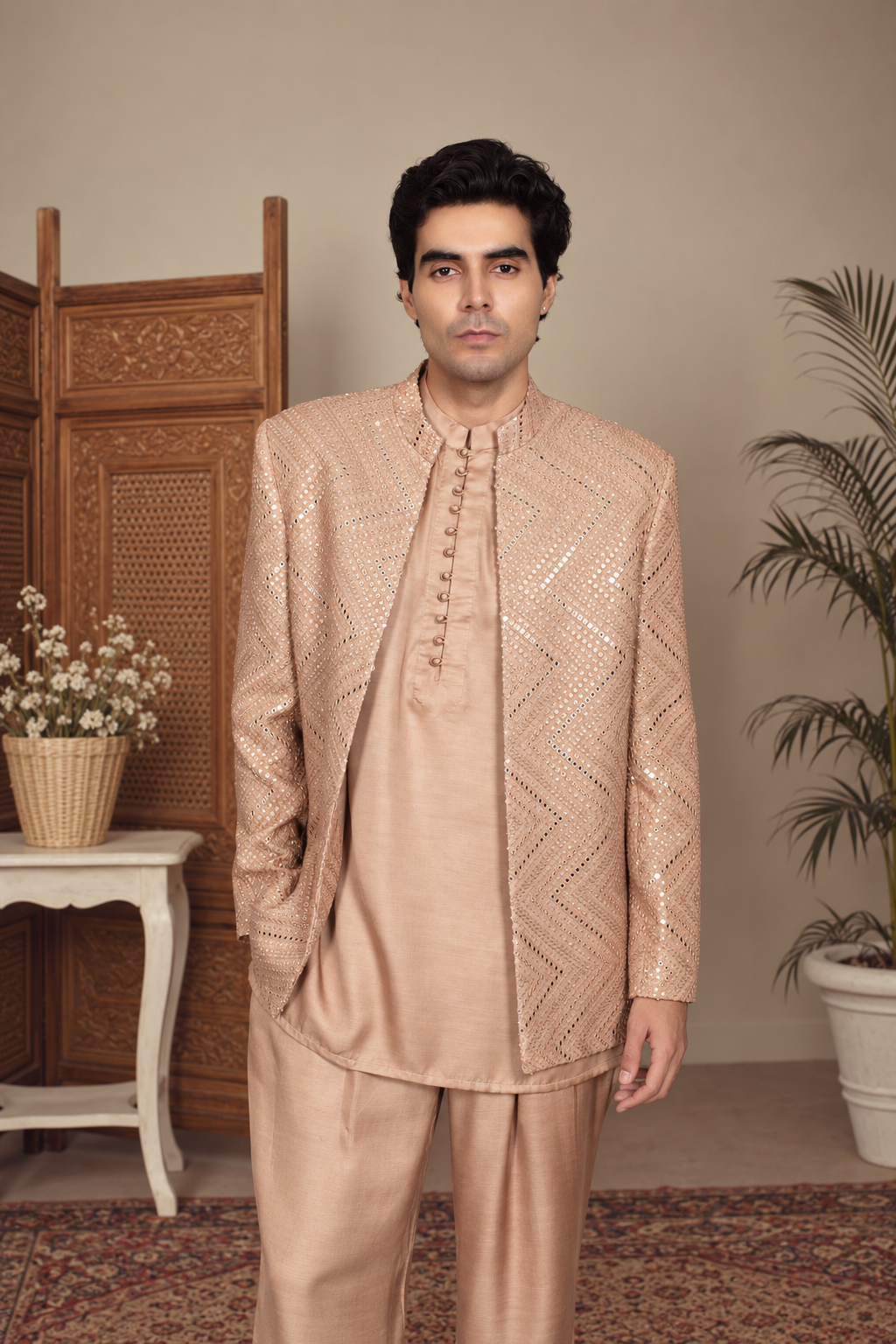 Udaan Indo Western Jacket Set in Rose Gold