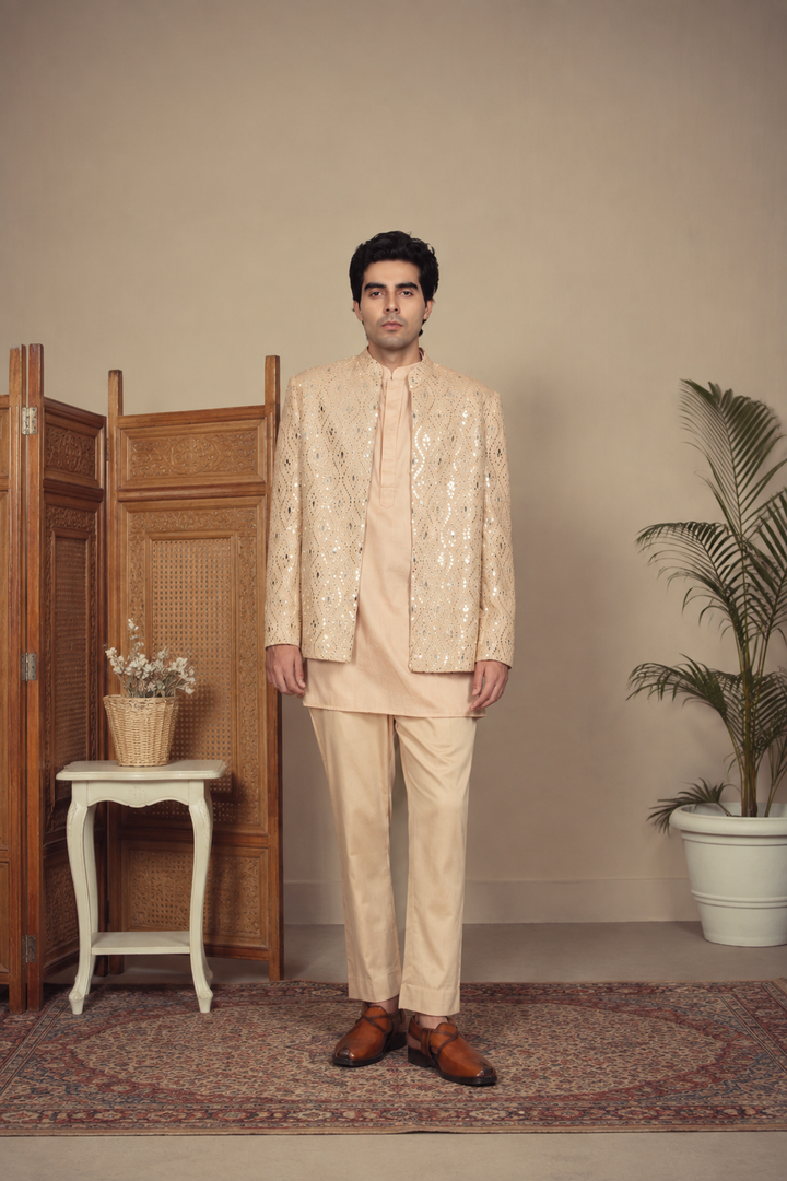 Dhuri Indo Western Jacket Set in Beige