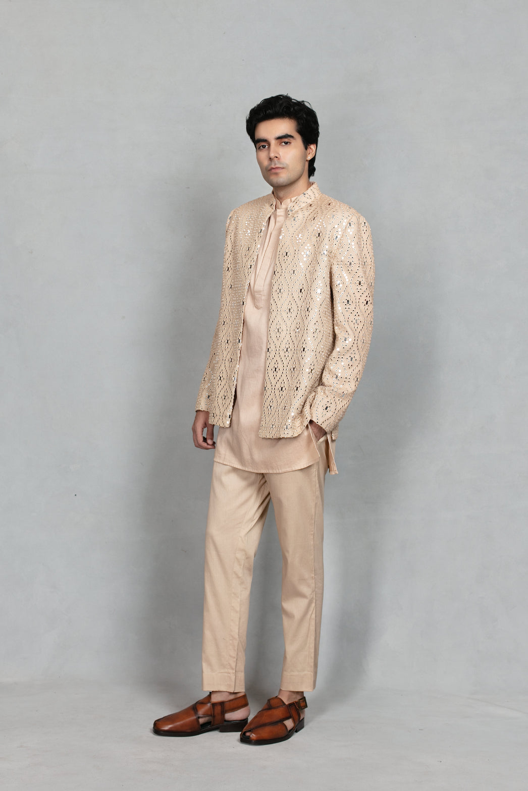 Dhuri Indo Western Jacket Set in Beige