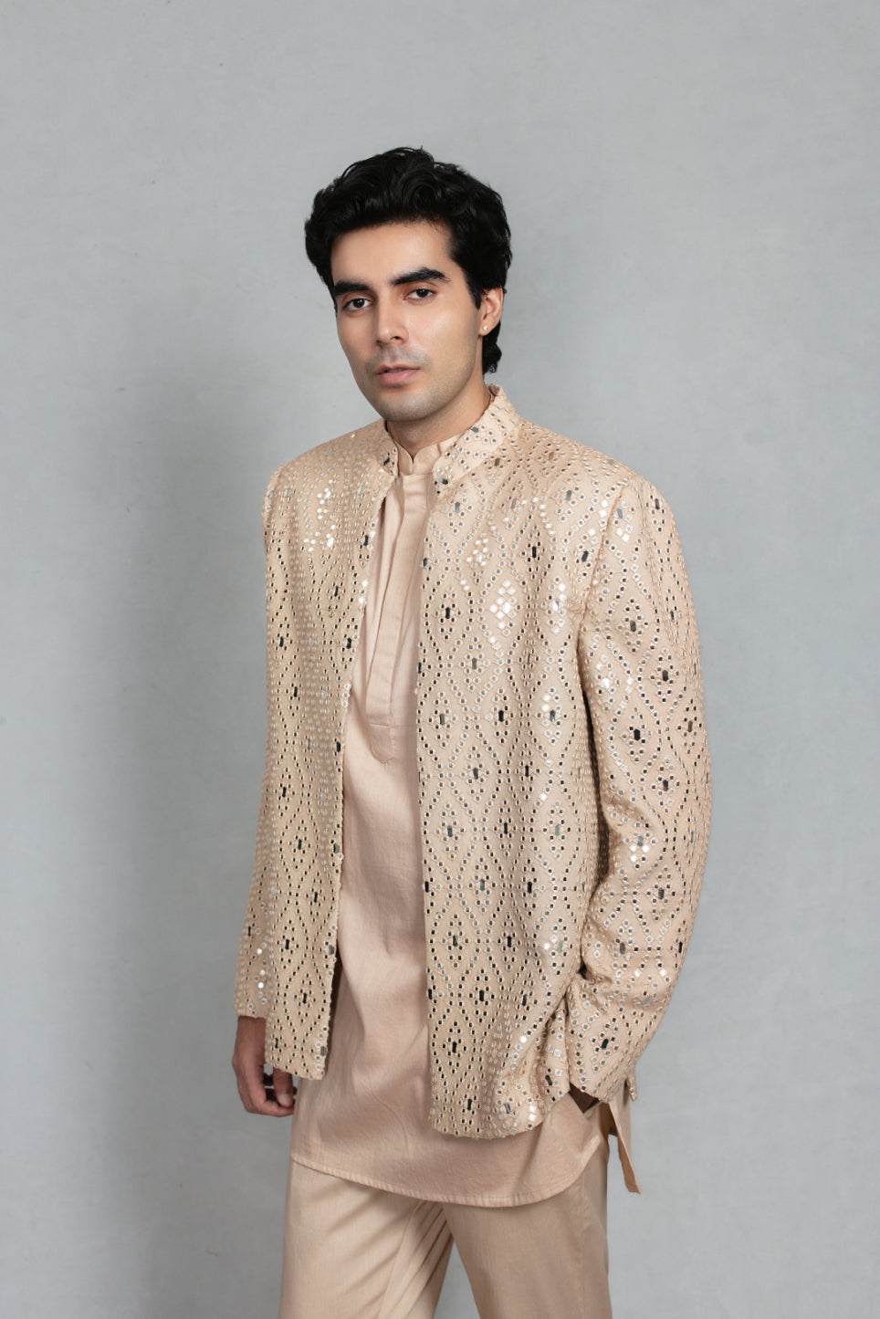 Dhuri Indo Western Jacket Set in Beige