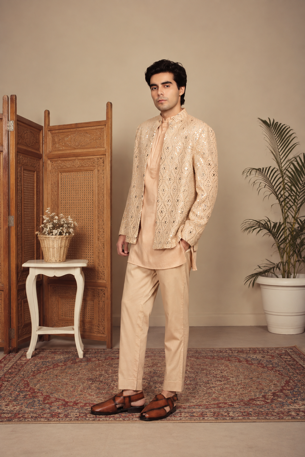 Dhuri Indo Western Jacket Set in Beige