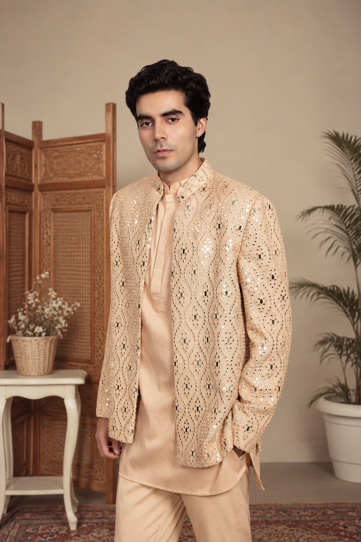 Dhuri Indo Western Jacket Set in Beige
