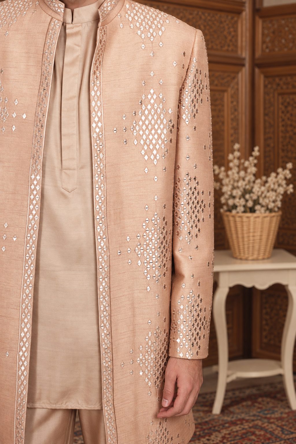 Ujaas Indo Western Jacket Set in Champagne