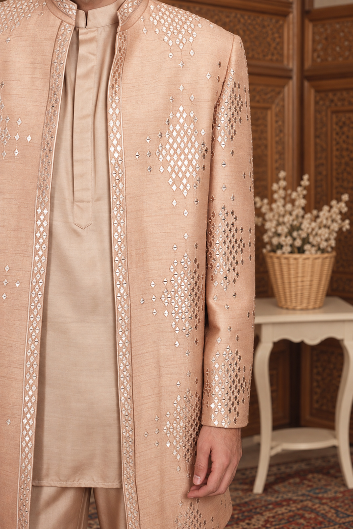 Ujaas Indo Western Jacket Set in Champagne