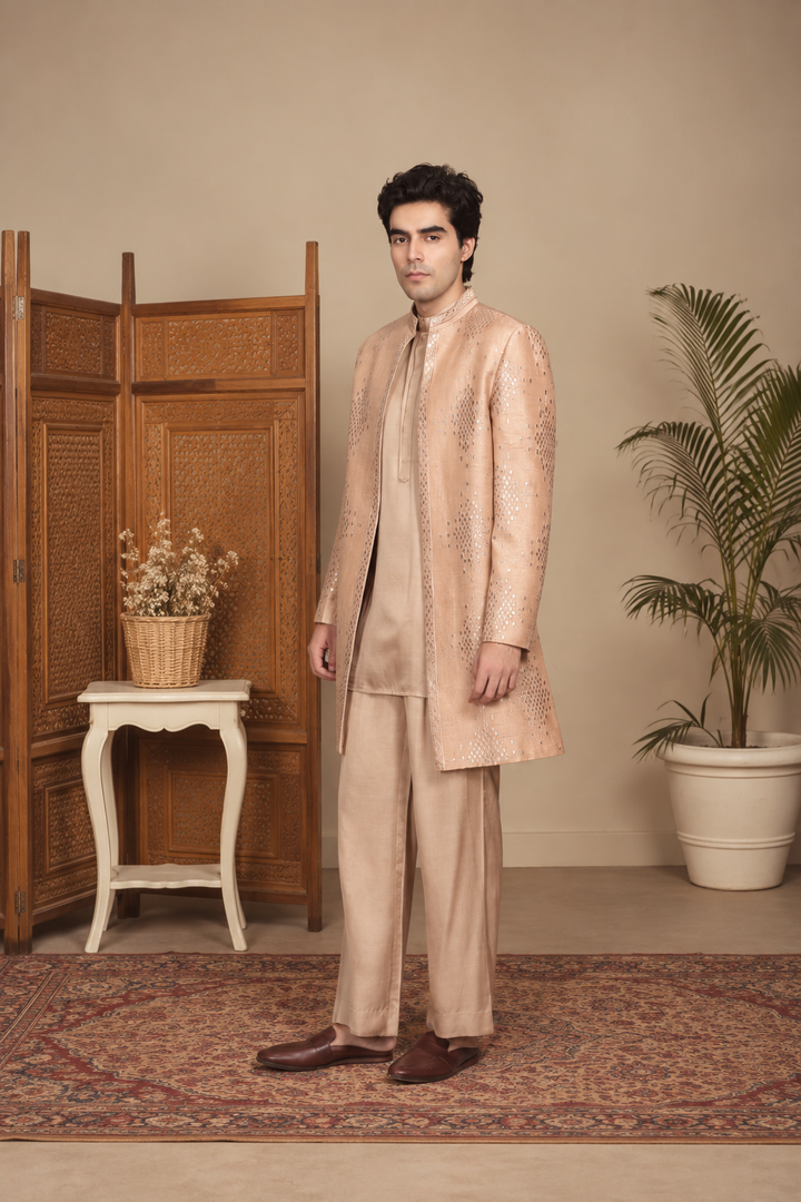 Ujaas Indo Western Jacket Set in Champagne
